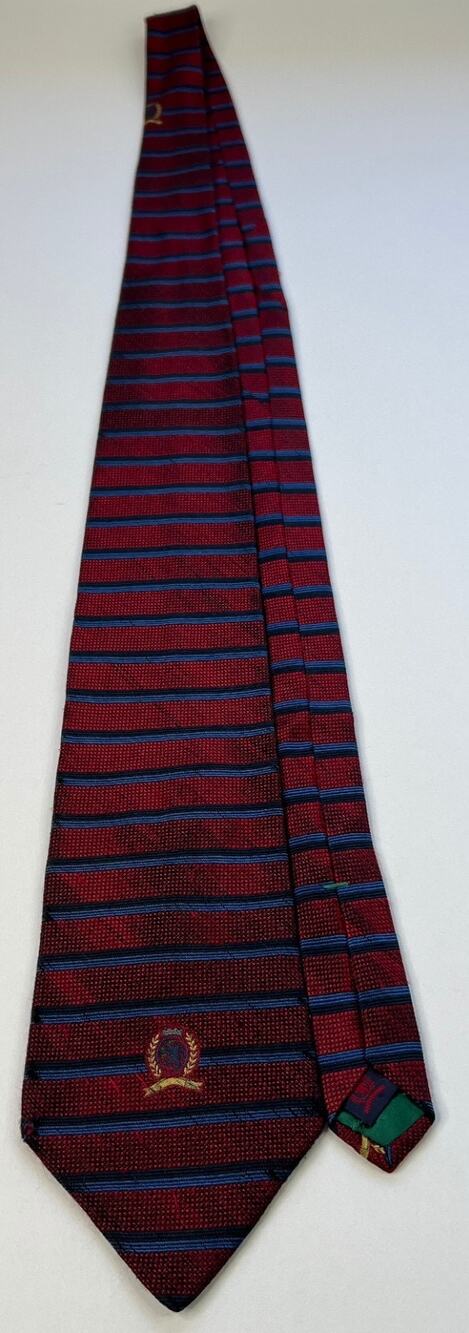 Tommy Hilfiger 100% Silk Mens Tie Red Blue Stripe Crest Logo Made In USA